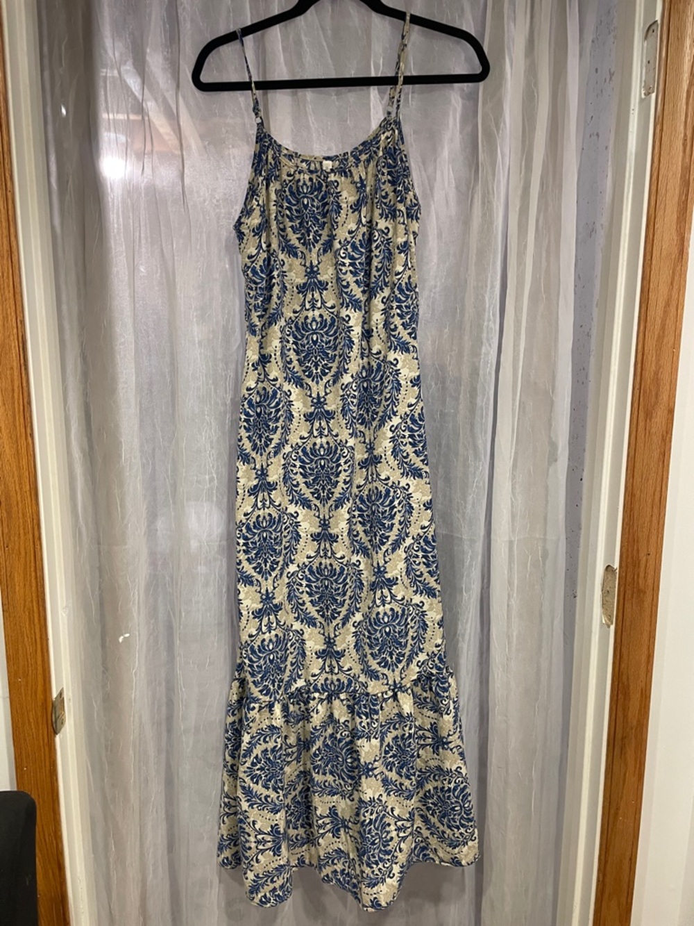Blue and Cream Damask Print Maxi Dress with Spaghetti Straps